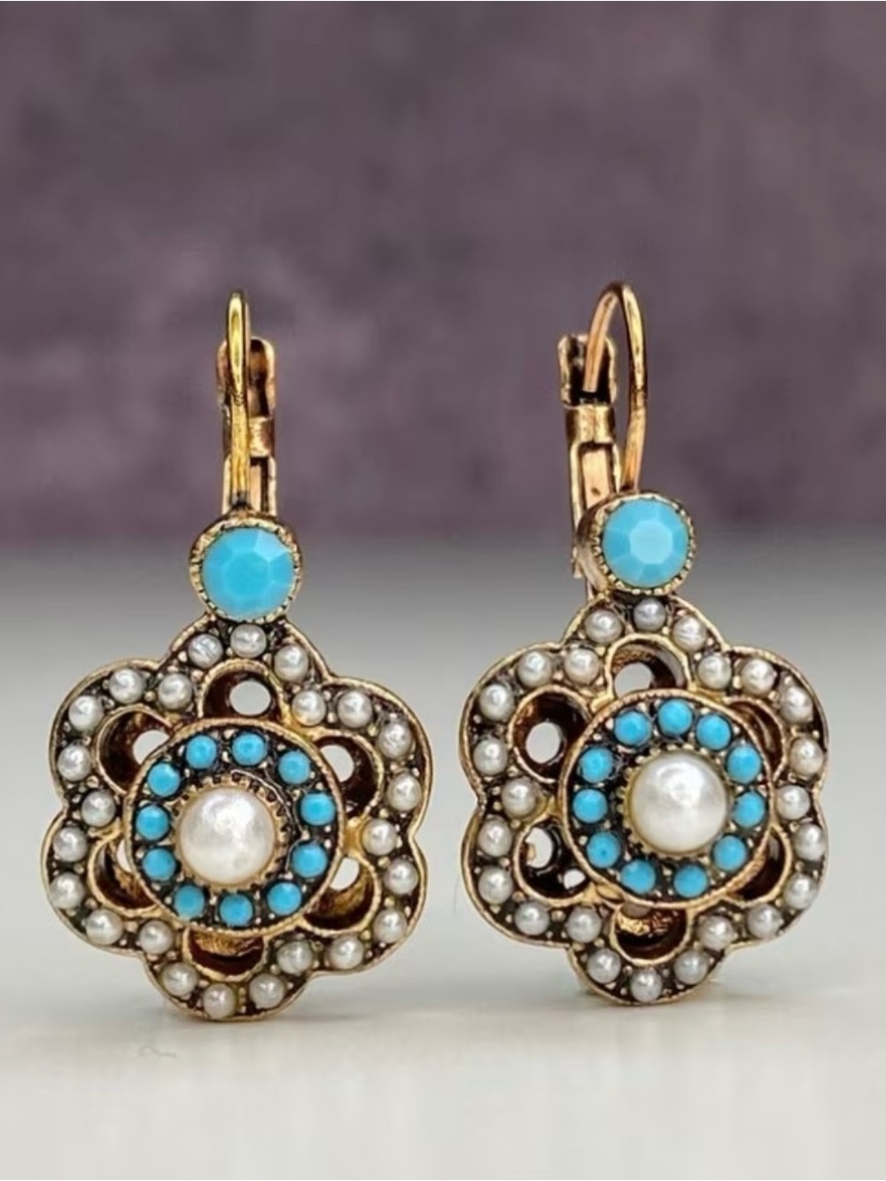 New! Vintage Style Blue Turquoise and Pearl Floral Drop Earrings.